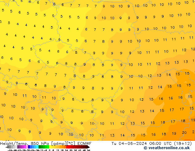 Yükseklik/Sıc. 850 hPa ECMWF Sa 04.06.2024 06 UTC