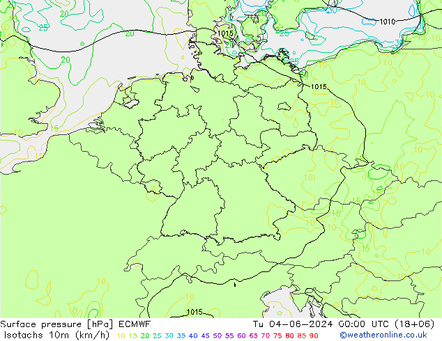 Isotachen (km/h) ECMWF Di 04.06.2024 00 UTC