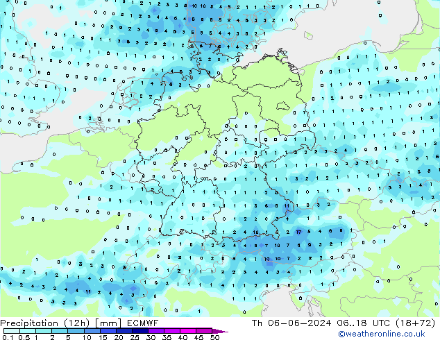 Precipitation (12h) ECMWF Čt 06.06.2024 18 UTC