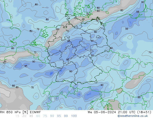 Humedad rel. 850hPa ECMWF mié 05.06.2024 21 UTC