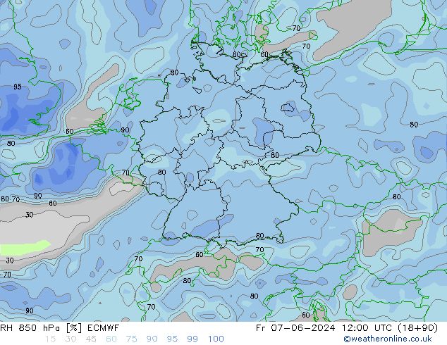 Humidité rel. 850 hPa ECMWF ven 07.06.2024 12 UTC