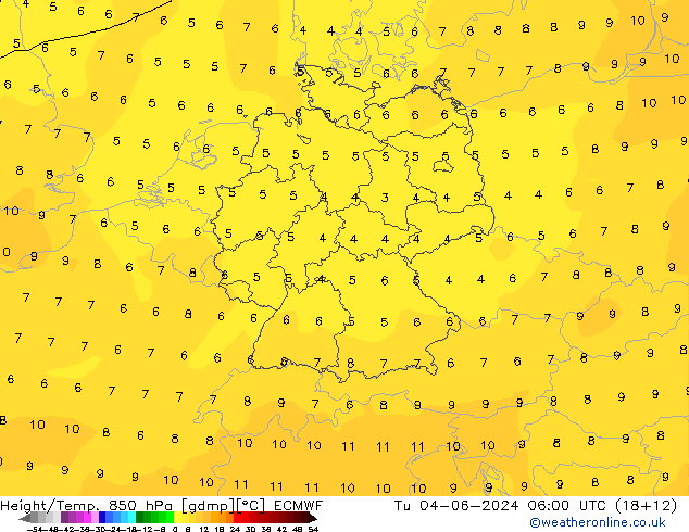 Height/Temp. 850 hPa ECMWF Di 04.06.2024 06 UTC