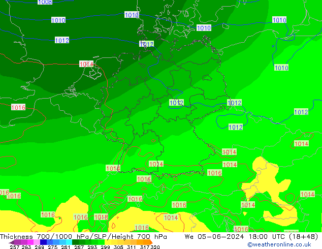 Thck 700-1000 гПа ECMWF ср 05.06.2024 18 UTC