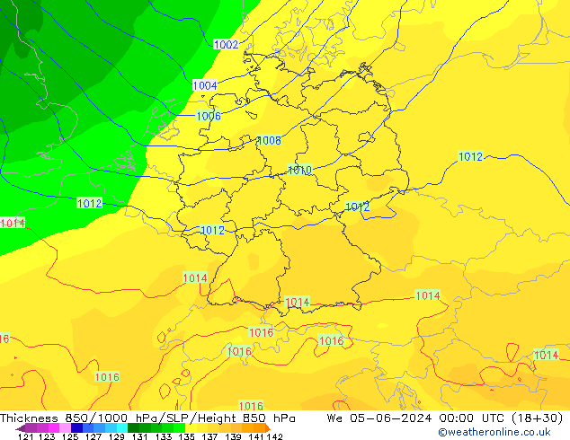 Dikte 850-1000 hPa ECMWF wo 05.06.2024 00 UTC