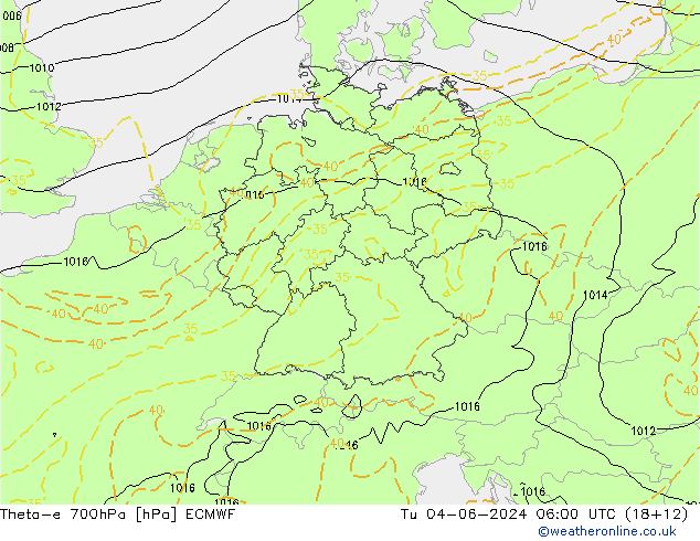 Theta-e 700hPa ECMWF Sa 04.06.2024 06 UTC