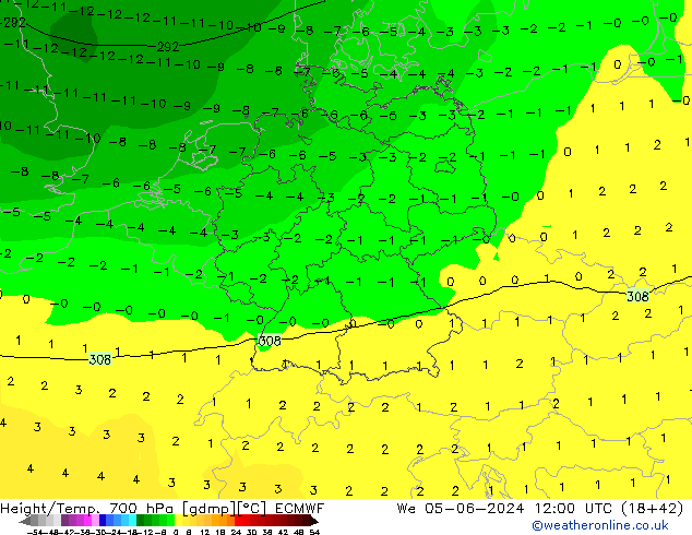 Height/Temp. 700 hPa ECMWF śro. 05.06.2024 12 UTC