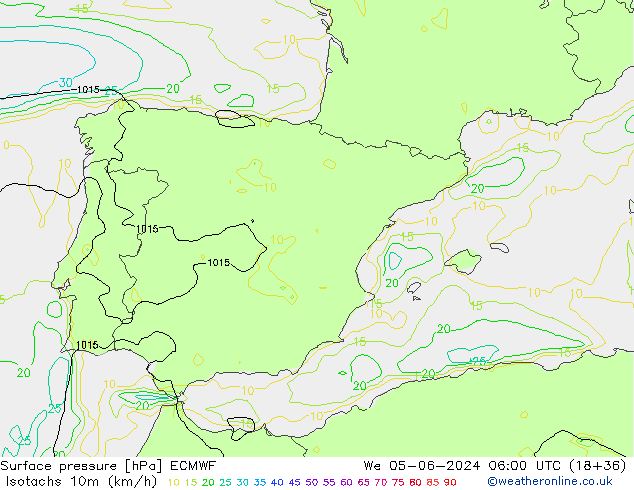 Isotachs (kph) ECMWF Qua 05.06.2024 06 UTC