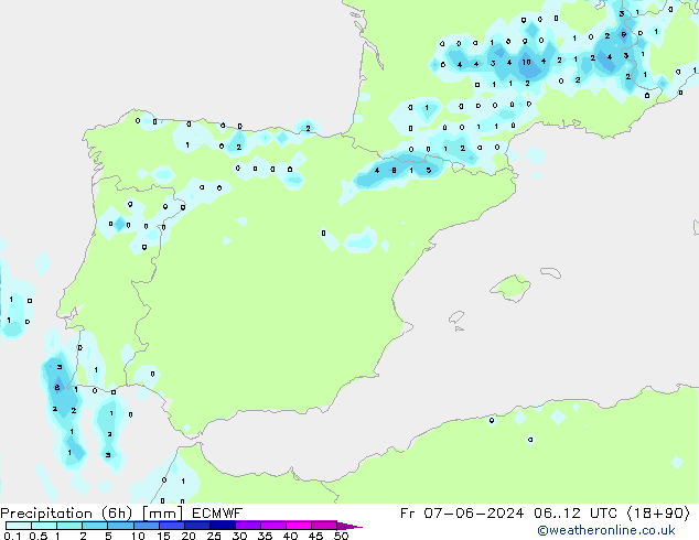 Precipitation (6h) ECMWF Fr 07.06.2024 12 UTC