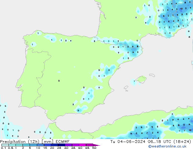 Precipitation (12h) ECMWF Út 04.06.2024 18 UTC