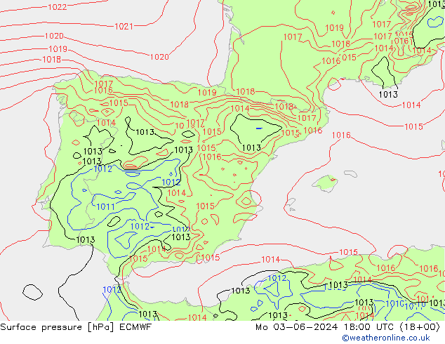 Surface pressure ECMWF Mo 03.06.2024 18 UTC