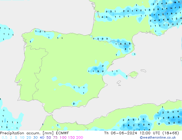 Precipitation accum. ECMWF чт 06.06.2024 12 UTC