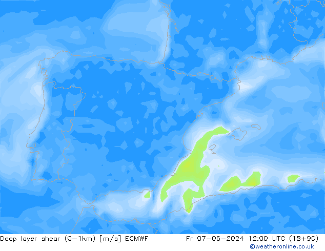 Deep layer shear (0-1km) ECMWF Cu 07.06.2024 12 UTC