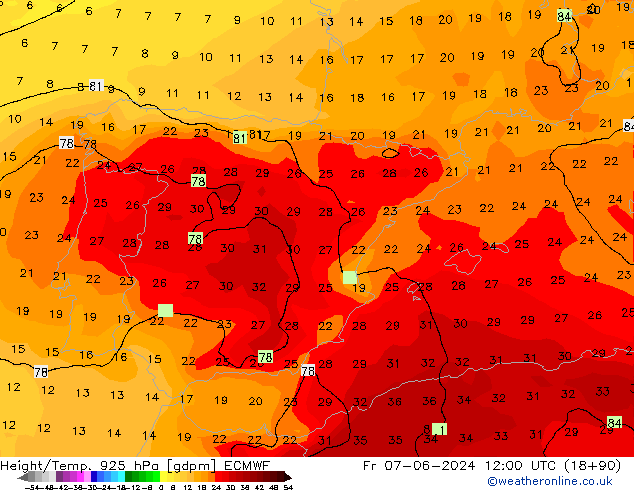 Height/Temp. 925 hPa ECMWF Fr 07.06.2024 12 UTC