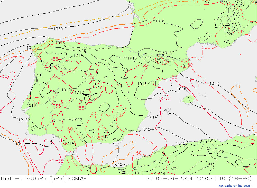 Theta-e 700hPa ECMWF vie 07.06.2024 12 UTC