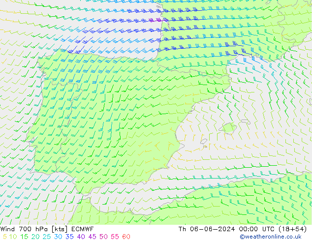 Vento 700 hPa ECMWF gio 06.06.2024 00 UTC