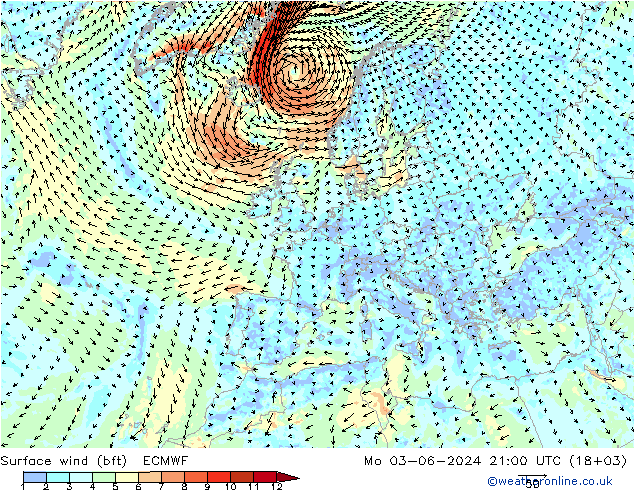 Surface wind (bft) ECMWF Mo 03.06.2024 21 UTC