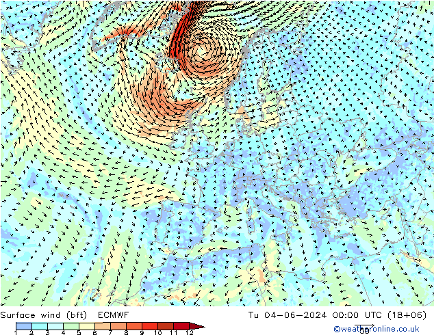 Vento 10 m (bft) ECMWF mar 04.06.2024 00 UTC