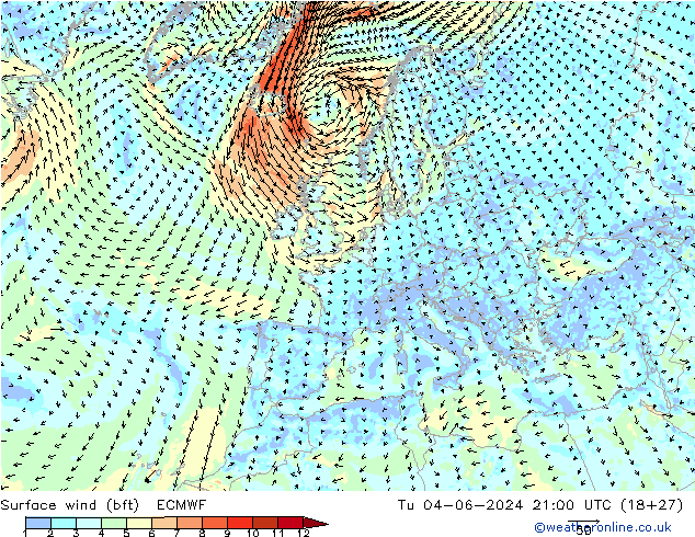 Vento 10 m (bft) ECMWF Ter 04.06.2024 21 UTC