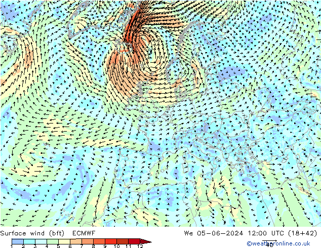 Viento 10 m (bft) ECMWF mié 05.06.2024 12 UTC