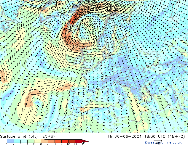 Surface wind (bft) ECMWF Th 06.06.2024 18 UTC