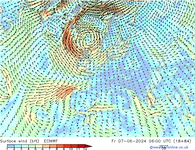  10 m (bft) ECMWF  07.06.2024 06 UTC