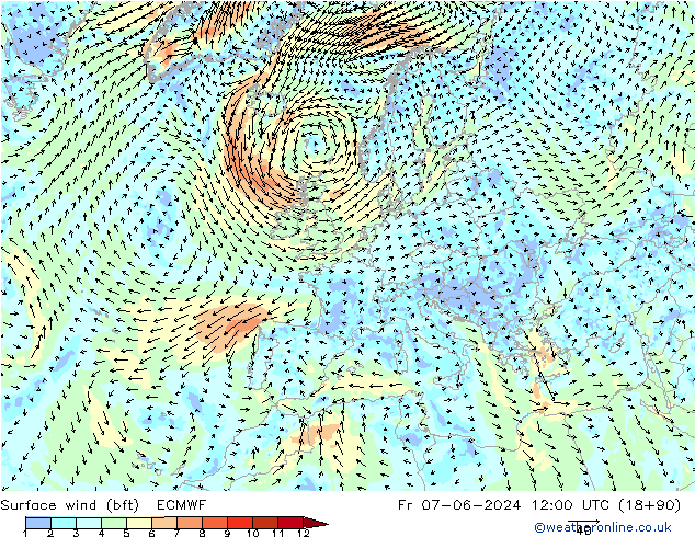 Viento 10 m (bft) ECMWF vie 07.06.2024 12 UTC