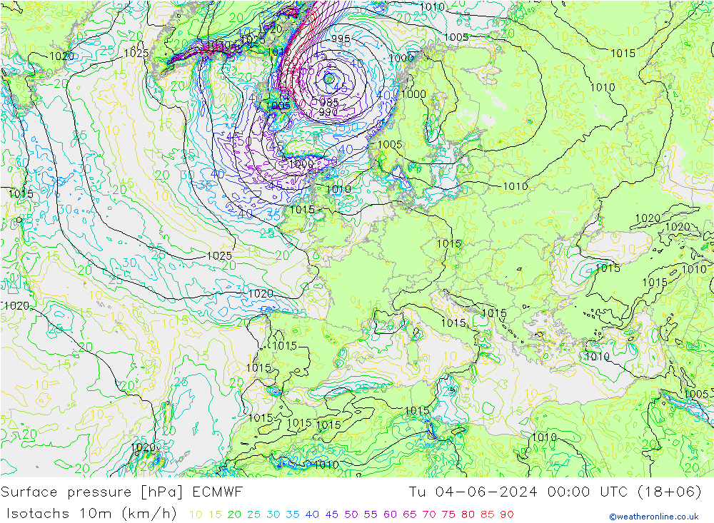 Izotacha (km/godz) ECMWF wto. 04.06.2024 00 UTC