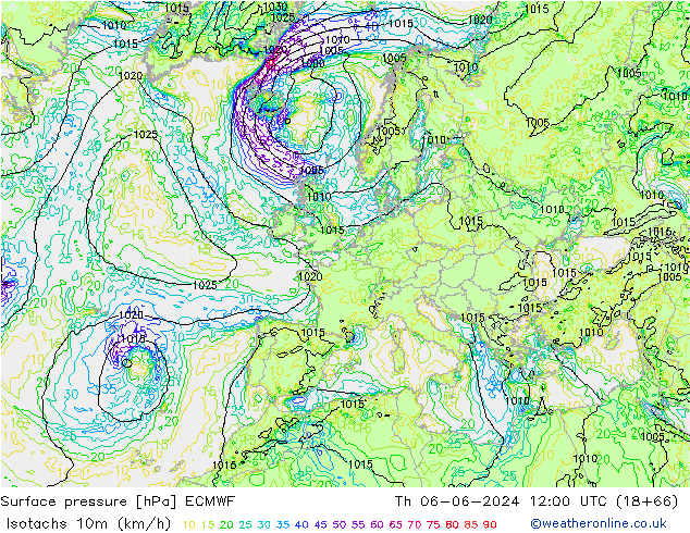 Isotachen (km/h) ECMWF do 06.06.2024 12 UTC