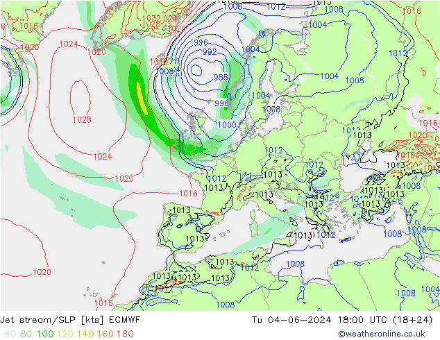 Jet stream/SLP ECMWF Út 04.06.2024 18 UTC