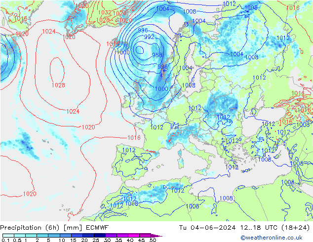 Z500/Rain (+SLP)/Z850 ECMWF 星期二 04.06.2024 18 UTC