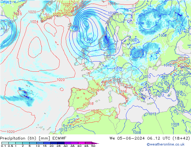 Precipitation (6h) ECMWF We 05.06.2024 12 UTC