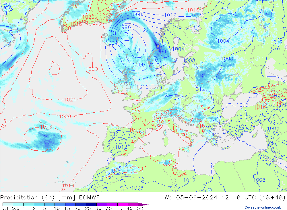 Z500/Rain (+SLP)/Z850 ECMWF Mi 05.06.2024 18 UTC