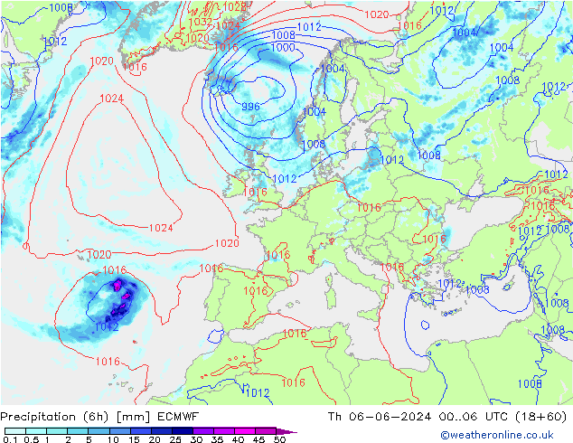 Z500/Rain (+SLP)/Z850 ECMWF jeu 06.06.2024 06 UTC