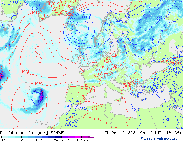 Z500/Rain (+SLP)/Z850 ECMWF Th 06.06.2024 12 UTC