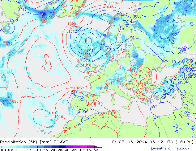 осадки (6h) ECMWF пт 07.06.2024 12 UTC