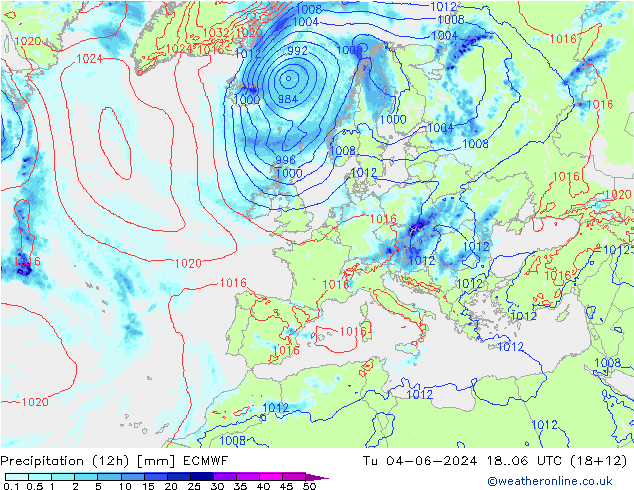 降水量 (12h) ECMWF 星期二 04.06.2024 06 UTC