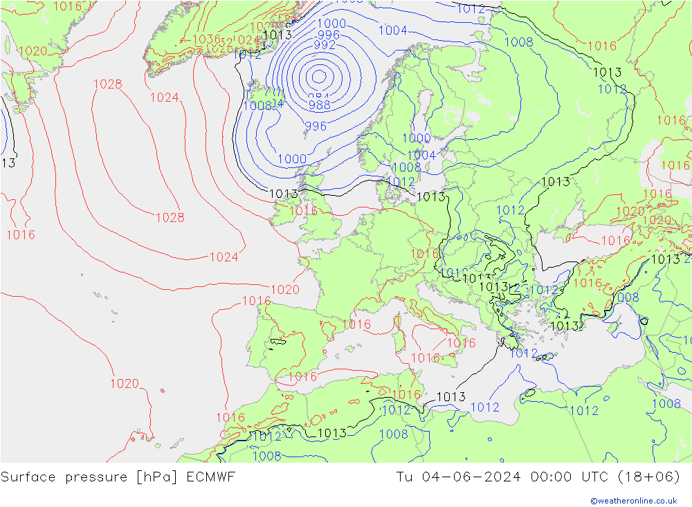 Surface pressure ECMWF Tu 04.06.2024 00 UTC