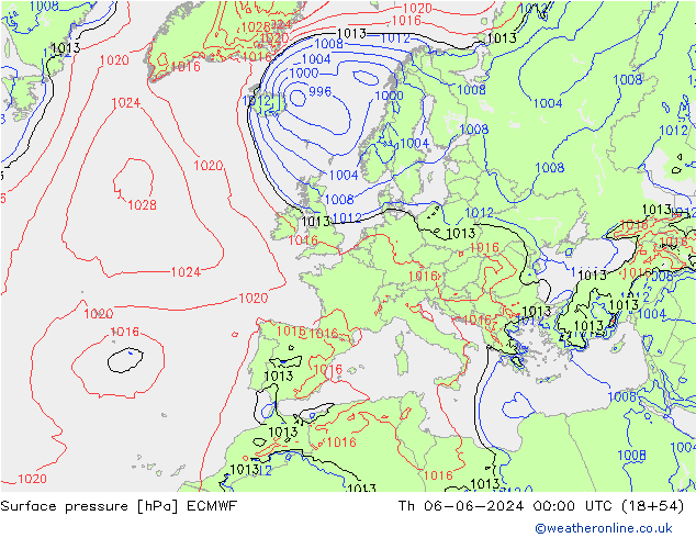 Presión superficial ECMWF jue 06.06.2024 00 UTC