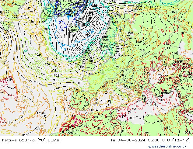 Theta-e 850hPa ECMWF Tu 04.06.2024 06 UTC