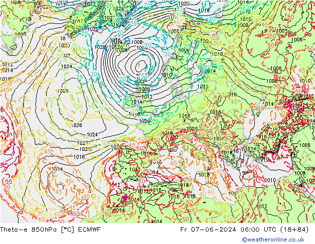 Theta-e 850гПа ECMWF пт 07.06.2024 06 UTC