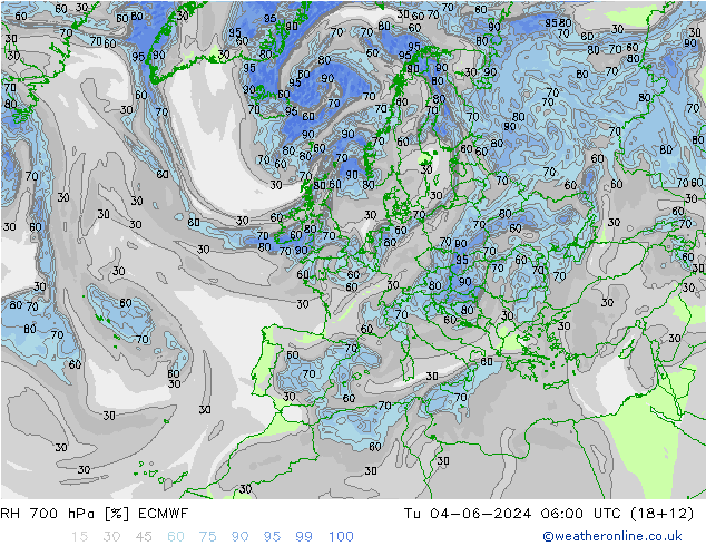 RH 700 hPa ECMWF Út 04.06.2024 06 UTC