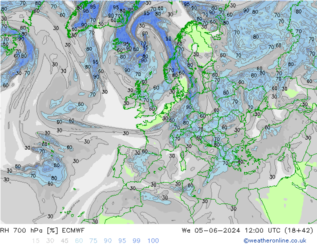 RH 700 hPa ECMWF Qua 05.06.2024 12 UTC