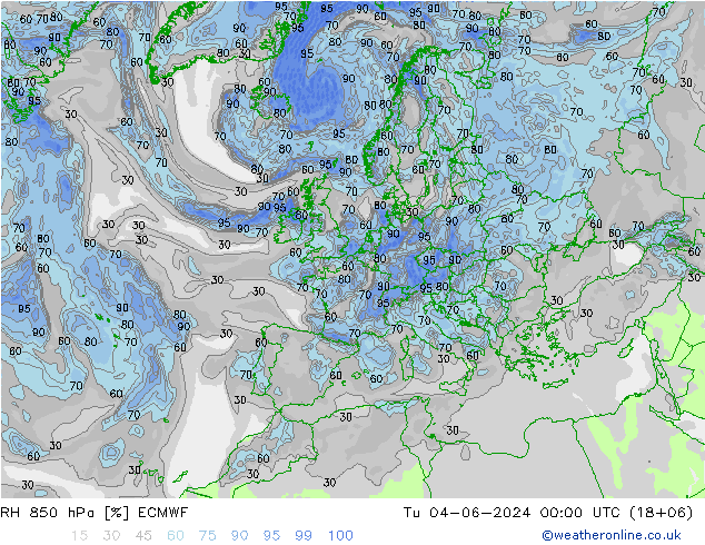 RH 850 гПа ECMWF вт 04.06.2024 00 UTC