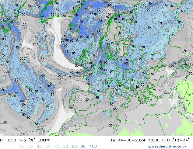 RH 850 hPa ECMWF Tu 04.06.2024 18 UTC