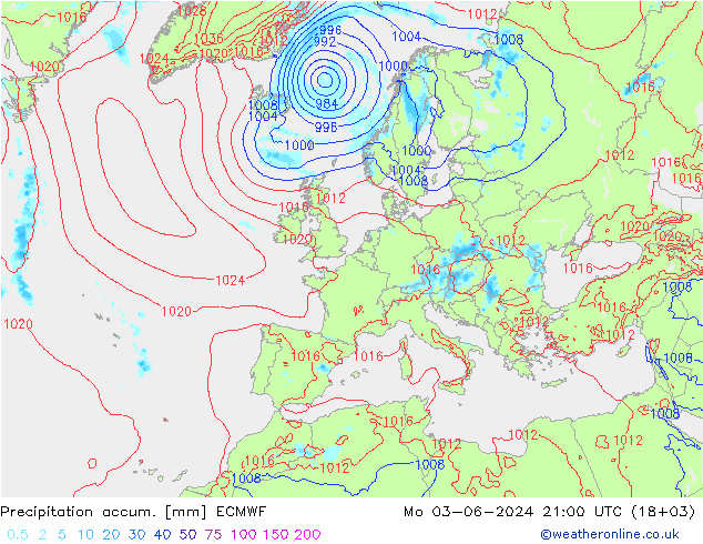 Precipitation accum. ECMWF Mo 03.06.2024 21 UTC