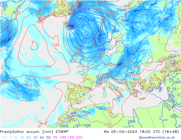 Precipitation accum. ECMWF śro. 05.06.2024 18 UTC