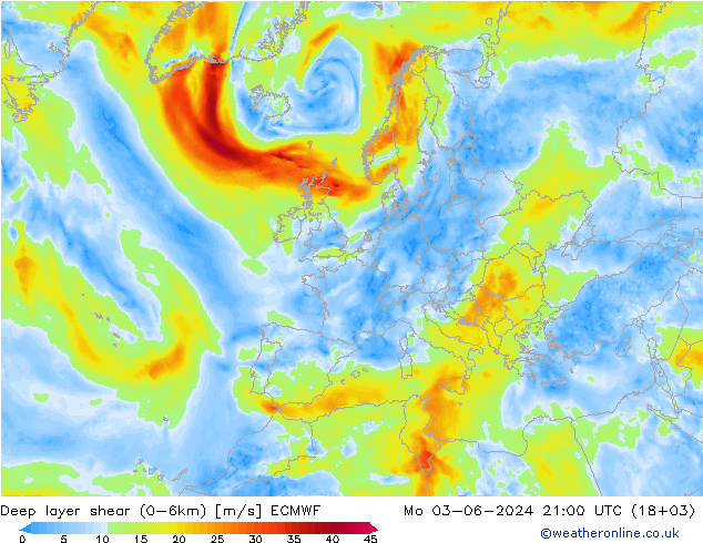 Deep layer shear (0-6km) ECMWF Seg 03.06.2024 21 UTC