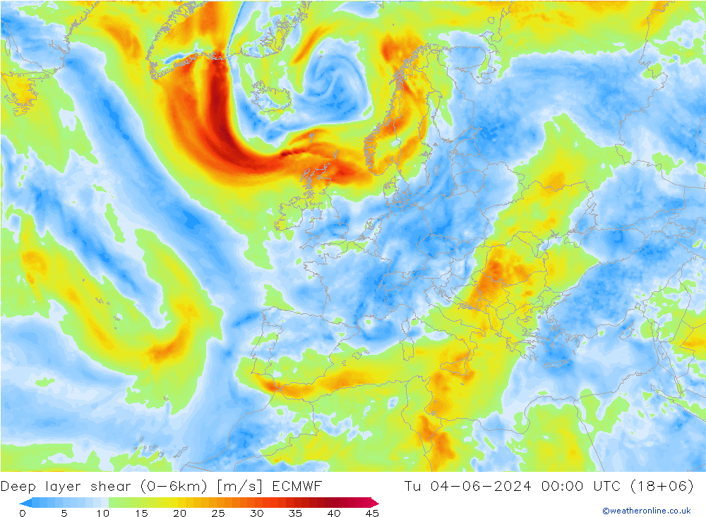 Deep layer shear (0-6km) ECMWF Sa 04.06.2024 00 UTC