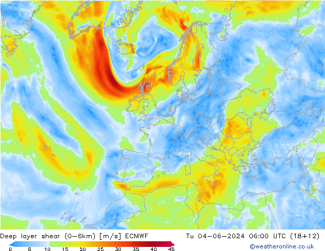 Deep layer shear (0-6km) ECMWF Tu 04.06.2024 06 UTC