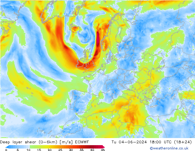 Deep layer shear (0-6km) ECMWF вт 04.06.2024 18 UTC